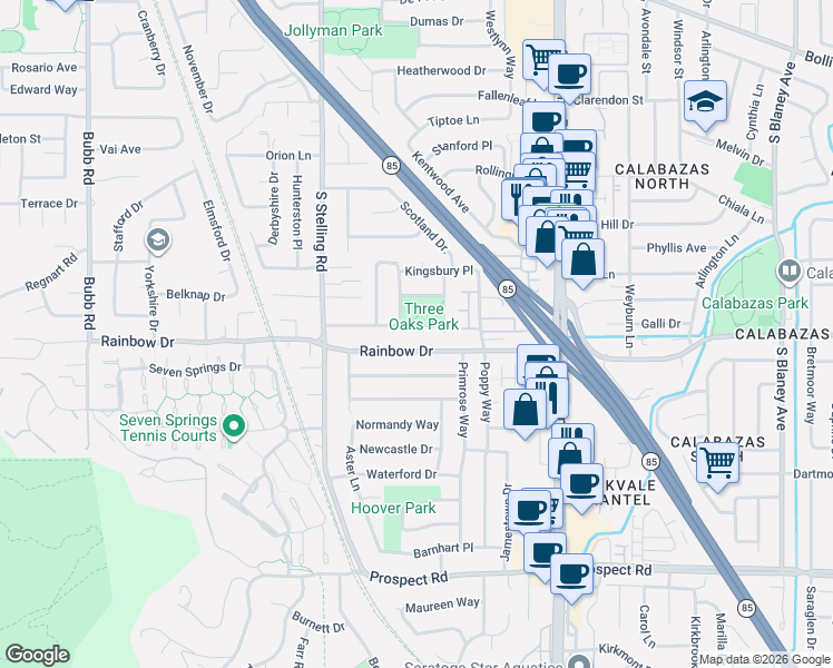 map of restaurants, bars, coffee shops, grocery stores, and more near 7612 Rainbow Drive in Cupertino