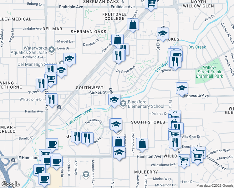 map of restaurants, bars, coffee shops, grocery stores, and more near 1600 Stokes Street in San Jose