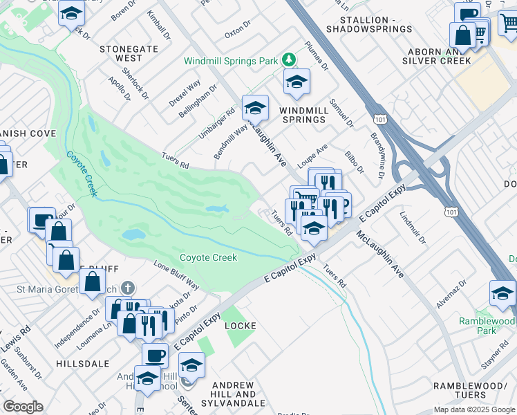 map of restaurants, bars, coffee shops, grocery stores, and more near 3025 Tuers Road in San Jose