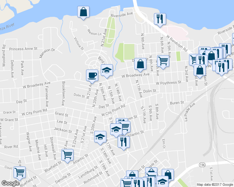 map of restaurants, bars, coffee shops, grocery stores, and more near 200 North 14th Avenue in Hopewell
