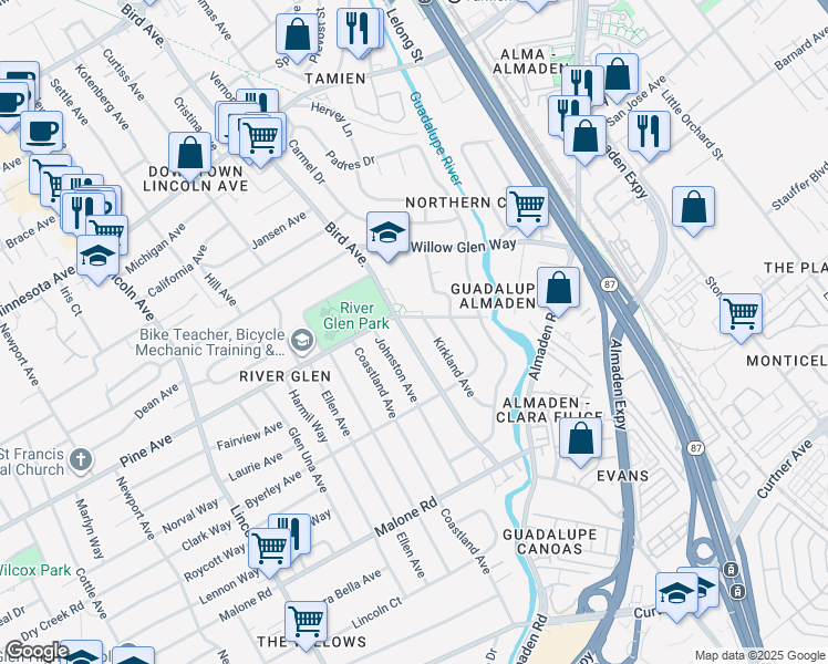 map of restaurants, bars, coffee shops, grocery stores, and more near 1697 Bird Avenue in San Jose