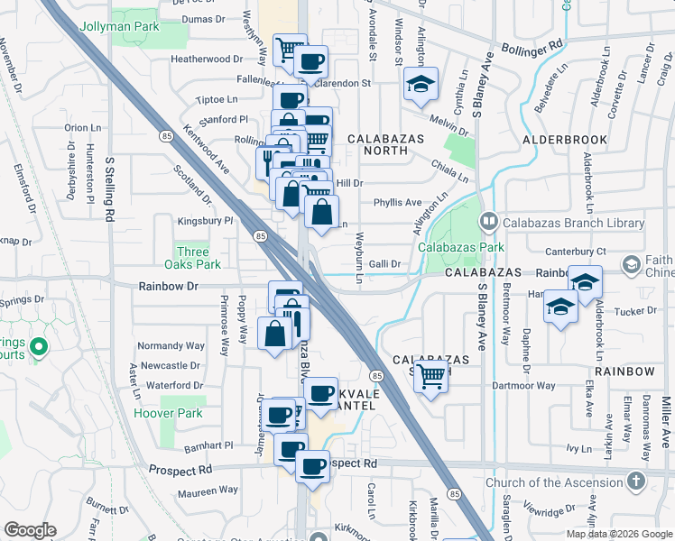 map of restaurants, bars, coffee shops, grocery stores, and more near 7216 Coronado Drive in San Jose