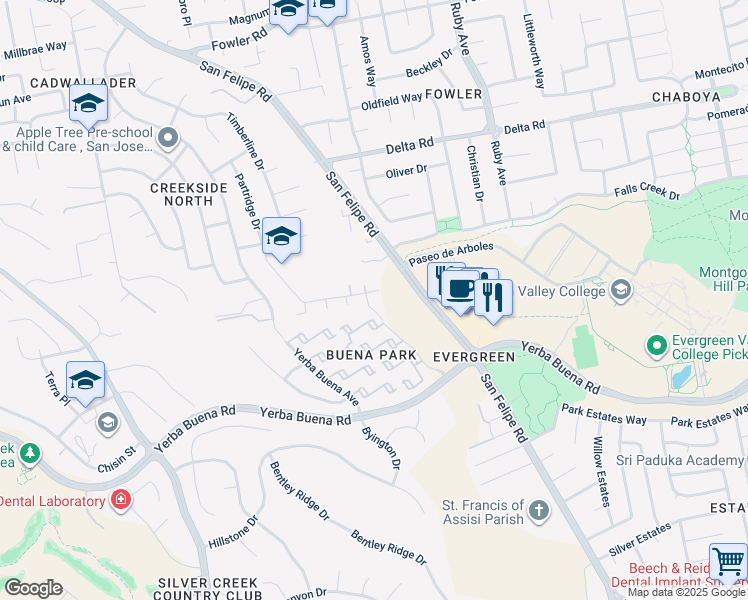 map of restaurants, bars, coffee shops, grocery stores, and more near San Felipe Road in San Jose