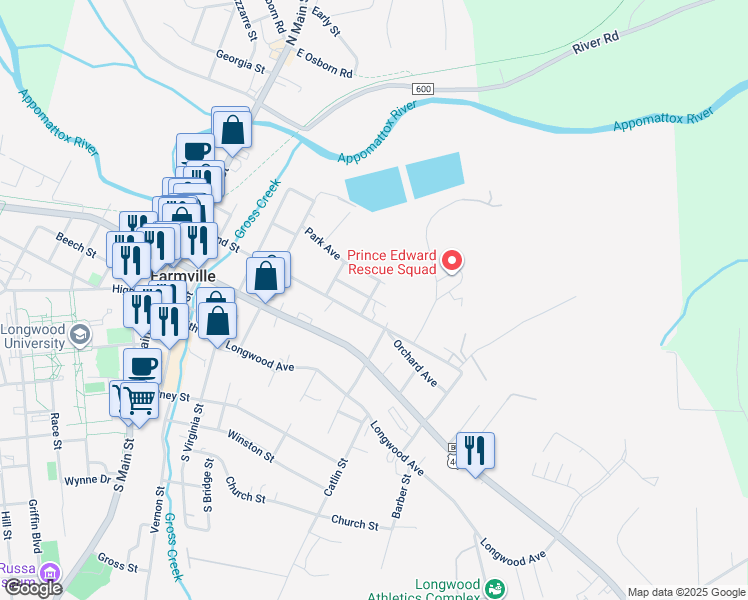 map of restaurants, bars, coffee shops, grocery stores, and more near 406 Glenn Street in Farmville