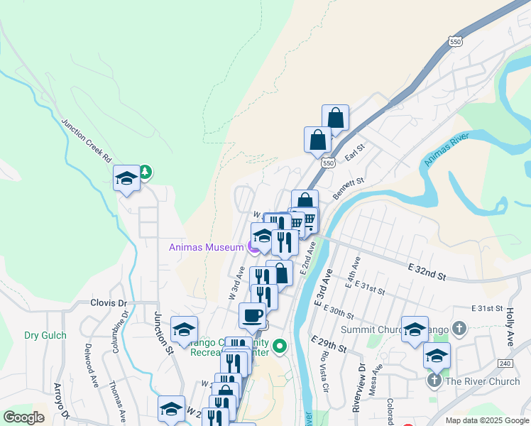 map of restaurants, bars, coffee shops, grocery stores, and more near 200 West 32nd Street in Durango