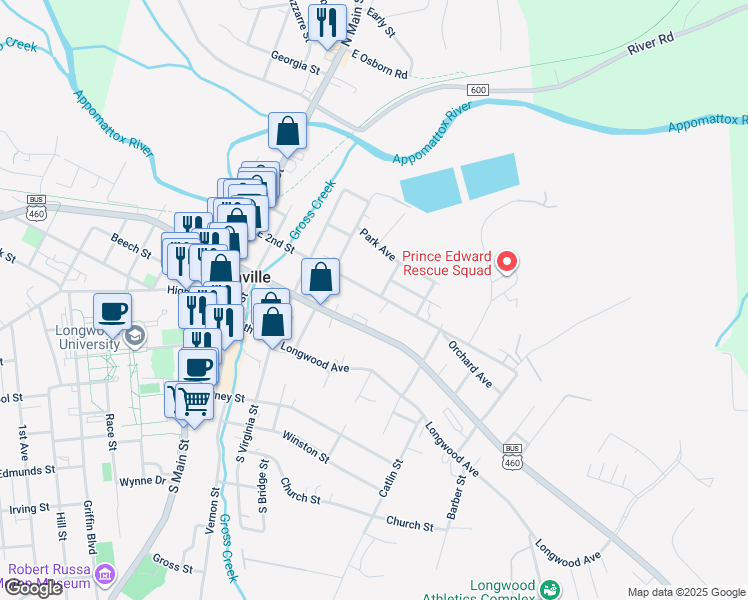 map of restaurants, bars, coffee shops, grocery stores, and more near 423 East 2nd Street in Farmville