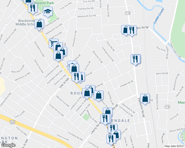 map of restaurants, bars, coffee shops, grocery stores, and more near 149 Wildhurst Avenue Northeast in Roanoke