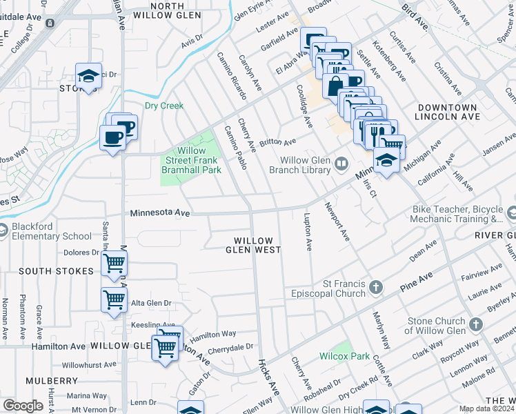 map of restaurants, bars, coffee shops, grocery stores, and more near 1285 Minnesota Avenue in San Jose