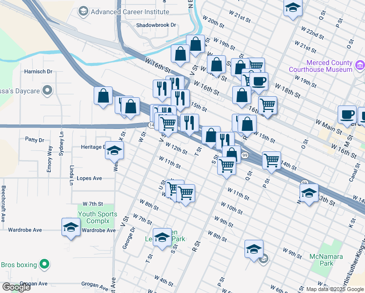 map of restaurants, bars, coffee shops, grocery stores, and more near 1406 West 13th Street in Merced