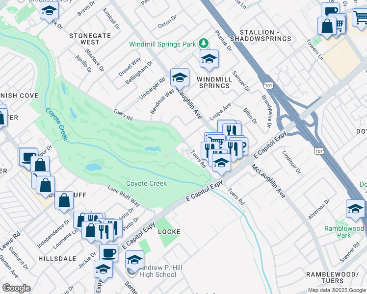 map of restaurants, bars, coffee shops, grocery stores, and more near 2988 Tuers Road in San Jose