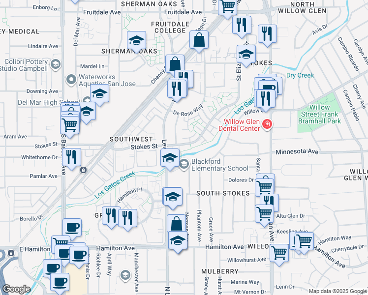 map of restaurants, bars, coffee shops, grocery stores, and more near 1220 Francisco Avenue in San Jose