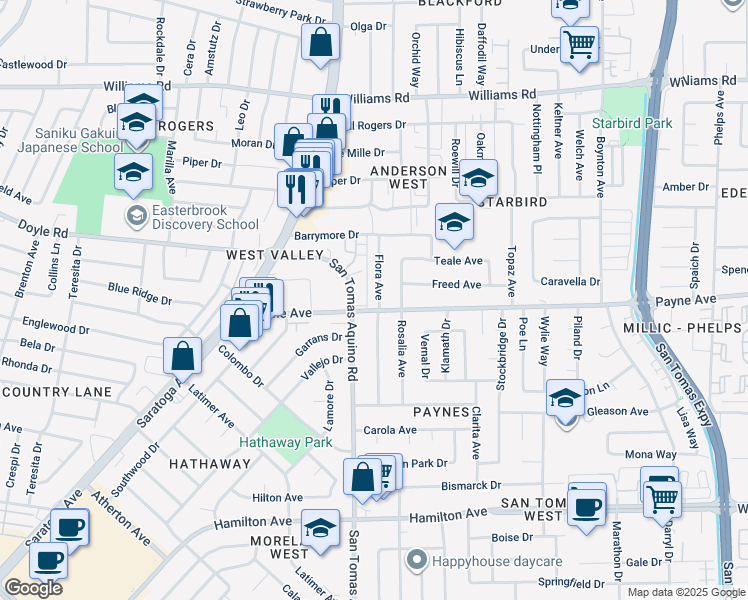 map of restaurants, bars, coffee shops, grocery stores, and more near 1258 Flora Avenue in San Jose