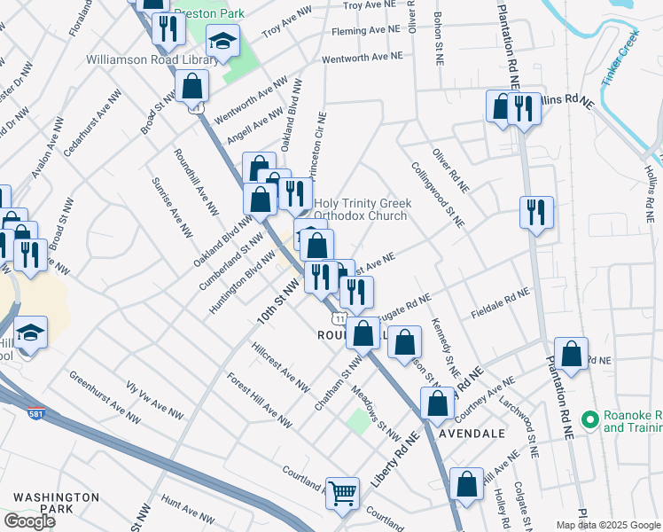 map of restaurants, bars, coffee shops, grocery stores, and more near 3307 Birchwood Avenue Northeast in Roanoke