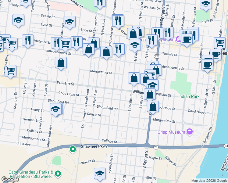map of restaurants, bars, coffee shops, grocery stores, and more near 1108 William Street in Cape Girardeau