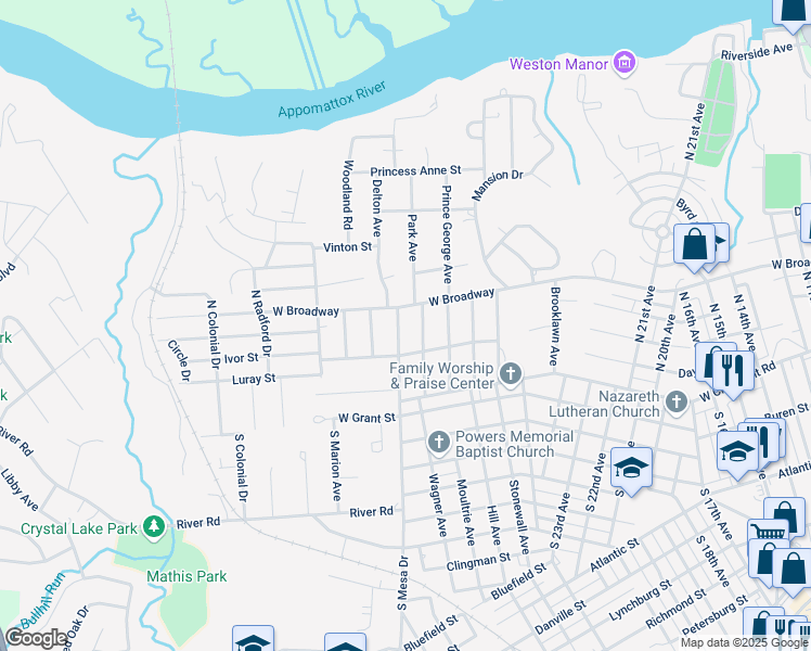 map of restaurants, bars, coffee shops, grocery stores, and more near 2913 West Broadway in Hopewell