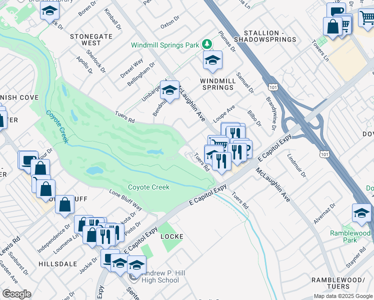 map of restaurants, bars, coffee shops, grocery stores, and more near 3025 Tuers Road in San Jose
