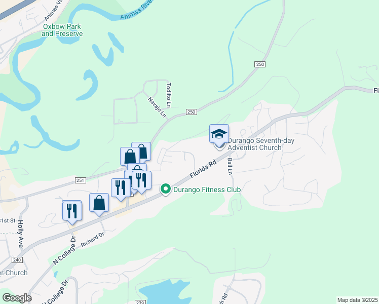 map of restaurants, bars, coffee shops, grocery stores, and more near 250 Metz Lane in Durango