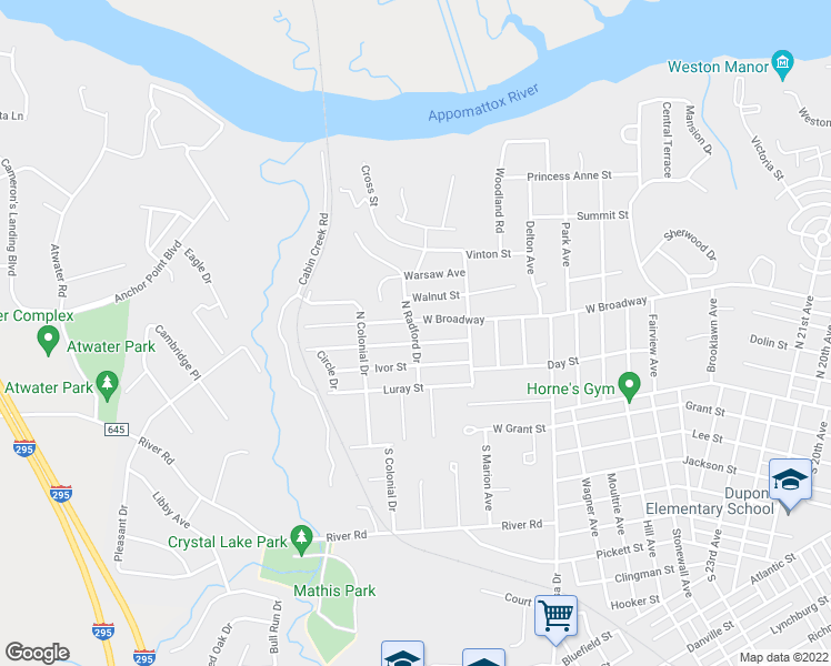 map of restaurants, bars, coffee shops, grocery stores, and more near 299 North Radford Drive in Hopewell