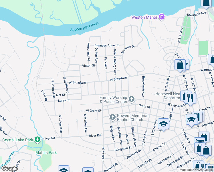 map of restaurants, bars, coffee shops, grocery stores, and more near 206 Crescent Avenue in Hopewell