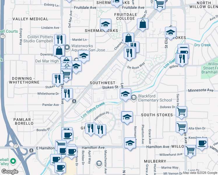map of restaurants, bars, coffee shops, grocery stores, and more near 1780 De Marietta Court in San Jose