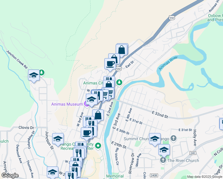 map of restaurants, bars, coffee shops, grocery stores, and more near 3310 Main Avenue in Durango