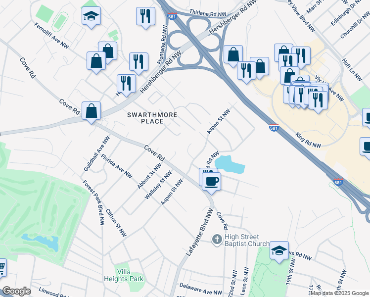 map of restaurants, bars, coffee shops, grocery stores, and more near 2813 Aspen Grove Court Northwest in Roanoke