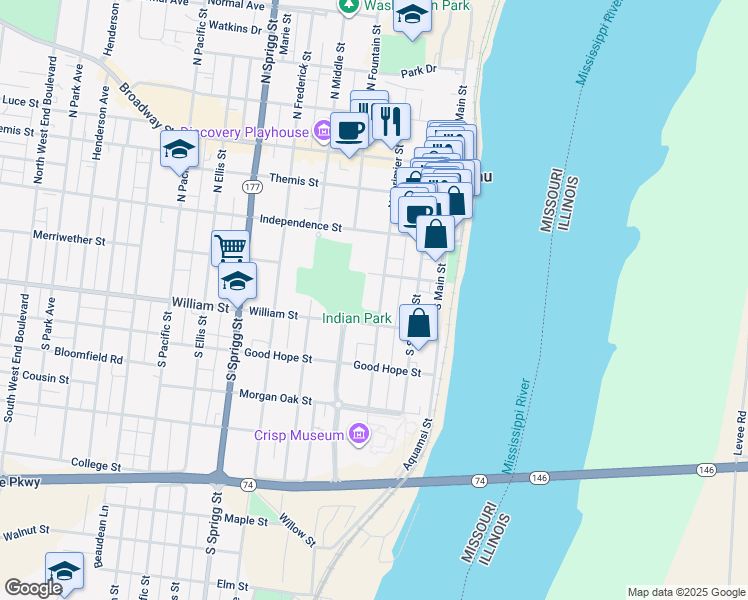map of restaurants, bars, coffee shops, grocery stores, and more near 129 South Lorimier Street in Cape Girardeau