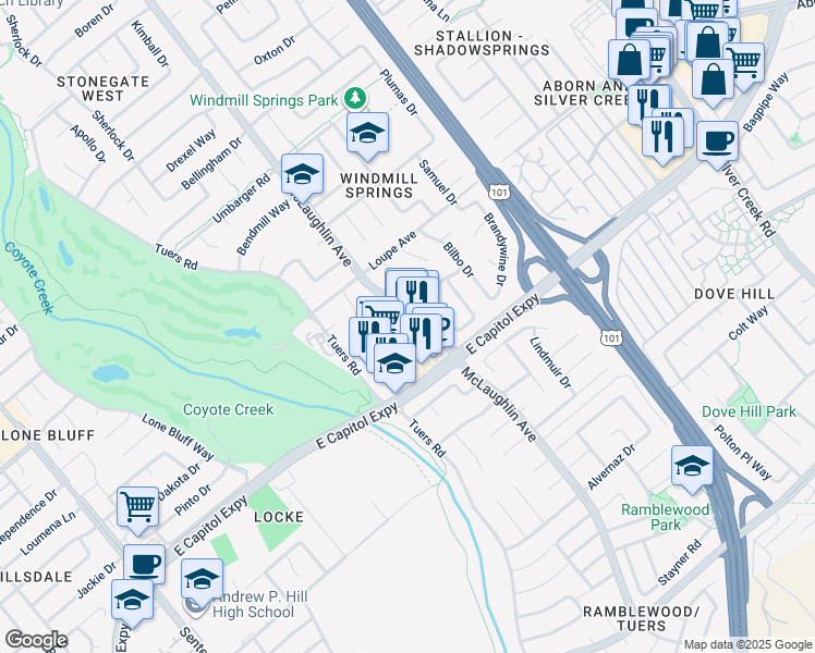 map of restaurants, bars, coffee shops, grocery stores, and more near 1051 Capitol Expressway in San Jose