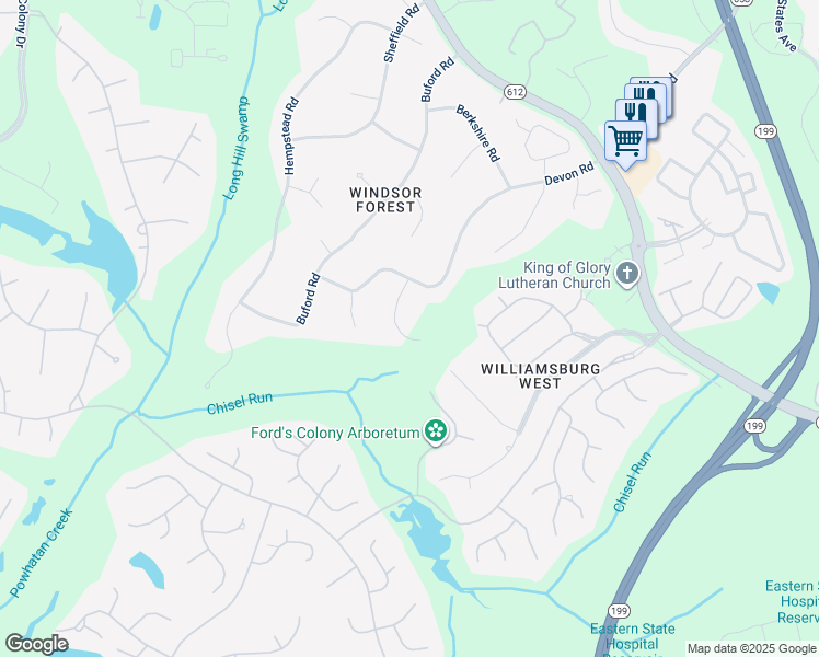 map of restaurants, bars, coffee shops, grocery stores, and more near 19 Somerset Court in Williamsburg