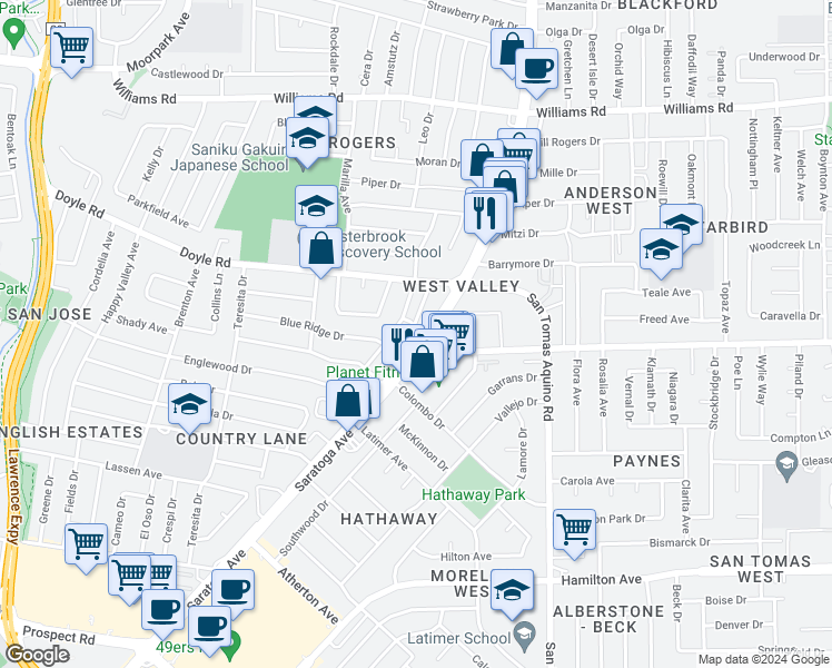 map of restaurants, bars, coffee shops, grocery stores, and more near 1281 Saratoga Avenue in San Jose