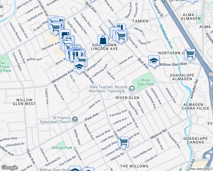 map of restaurants, bars, coffee shops, grocery stores, and more near 1575 Settle Avenue in San Jose