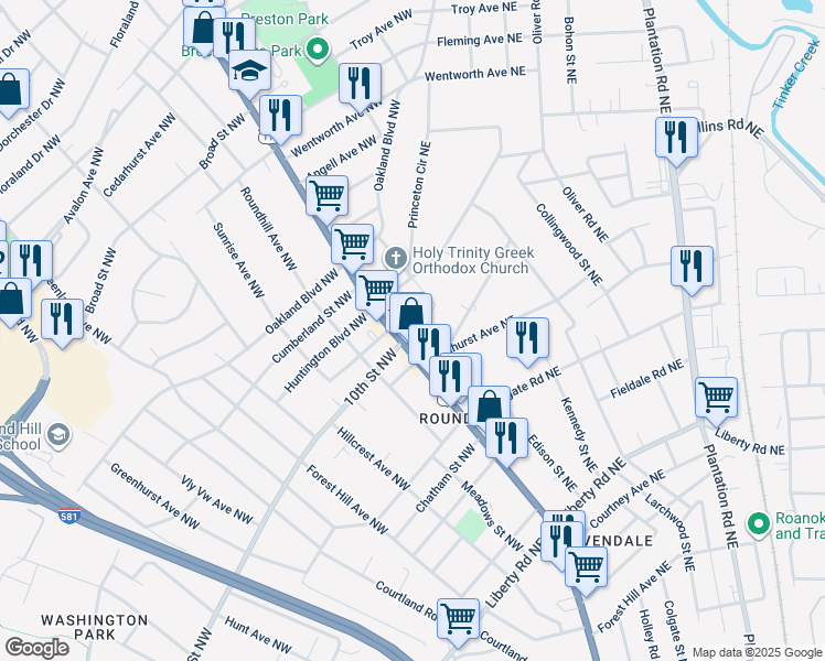 map of restaurants, bars, coffee shops, grocery stores, and more near 3229 Williamson Road in Roanoke