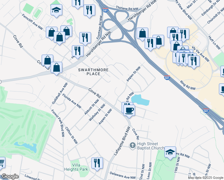 map of restaurants, bars, coffee shops, grocery stores, and more near 2813 Aspen Grove Court Northwest in Roanoke