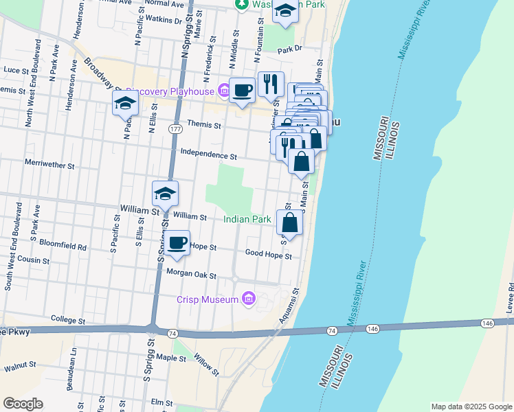 map of restaurants, bars, coffee shops, grocery stores, and more near 129 South Lorimier Street in Cape Girardeau