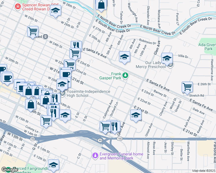 map of restaurants, bars, coffee shops, grocery stores, and more near 251 East 22nd Street in Merced