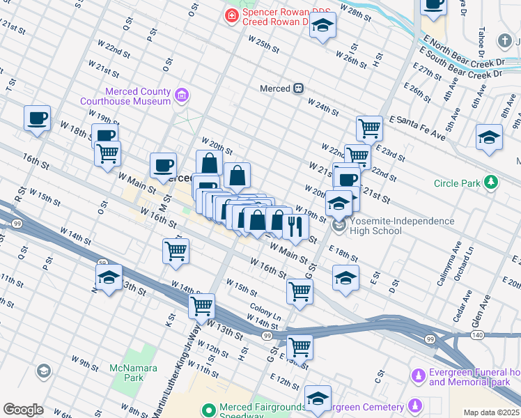 map of restaurants, bars, coffee shops, grocery stores, and more near 226 West 19th Street in Merced