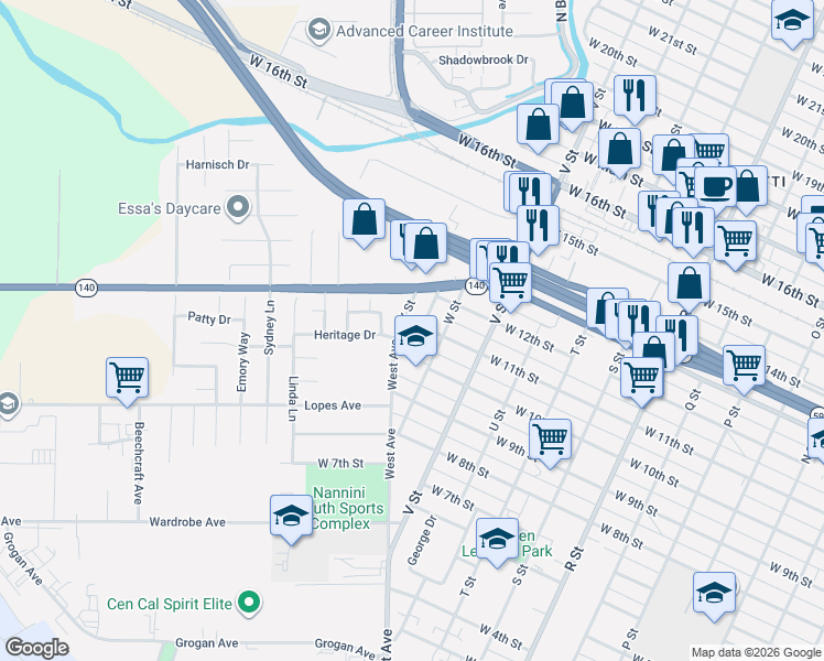 map of restaurants, bars, coffee shops, grocery stores, and more near 1130 West Drive in Merced
