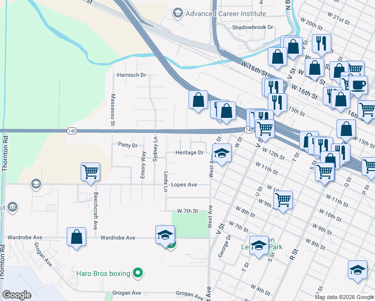 map of restaurants, bars, coffee shops, grocery stores, and more near 1122 Monticello Court in Merced