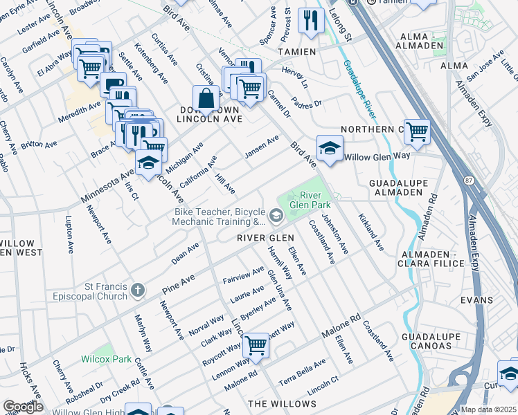 map of restaurants, bars, coffee shops, grocery stores, and more near 1620 Juanita Avenue in San Jose
