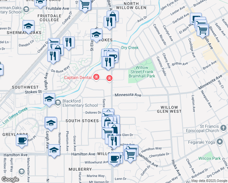 map of restaurants, bars, coffee shops, grocery stores, and more near 1333 Meridian Avenue in San Jose