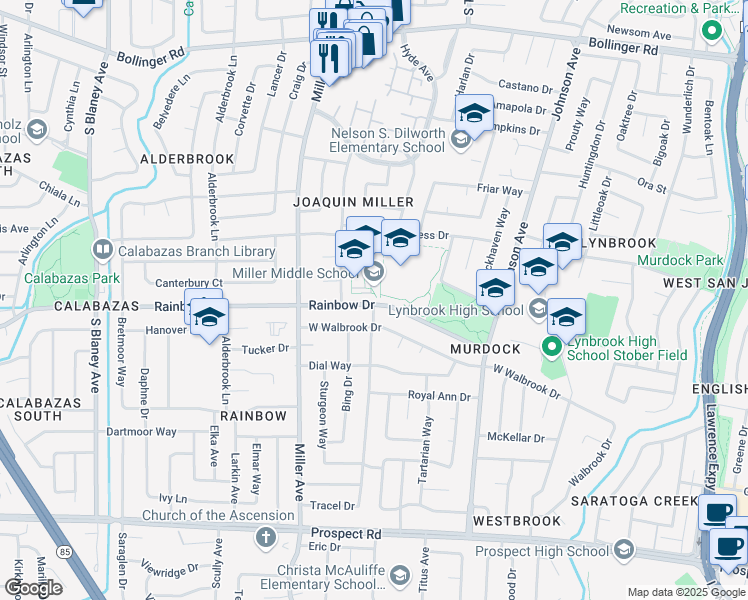 map of restaurants, bars, coffee shops, grocery stores, and more near 6211-6225 Rainbow Drive in San Jose