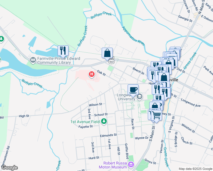 map of restaurants, bars, coffee shops, grocery stores, and more near 705 Oak Street in Farmville