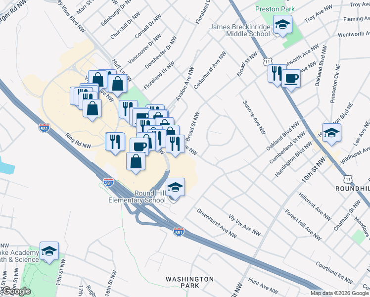 map of restaurants, bars, coffee shops, grocery stores, and more near 2409-2415 Broad Street Northwest in Roanoke