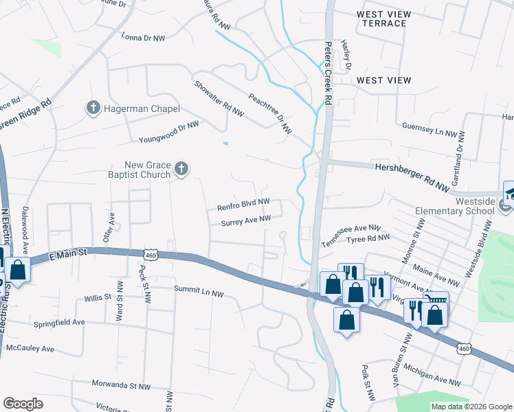 map of restaurants, bars, coffee shops, grocery stores, and more near 4507 Renfro Boulevard Northwest in Roanoke