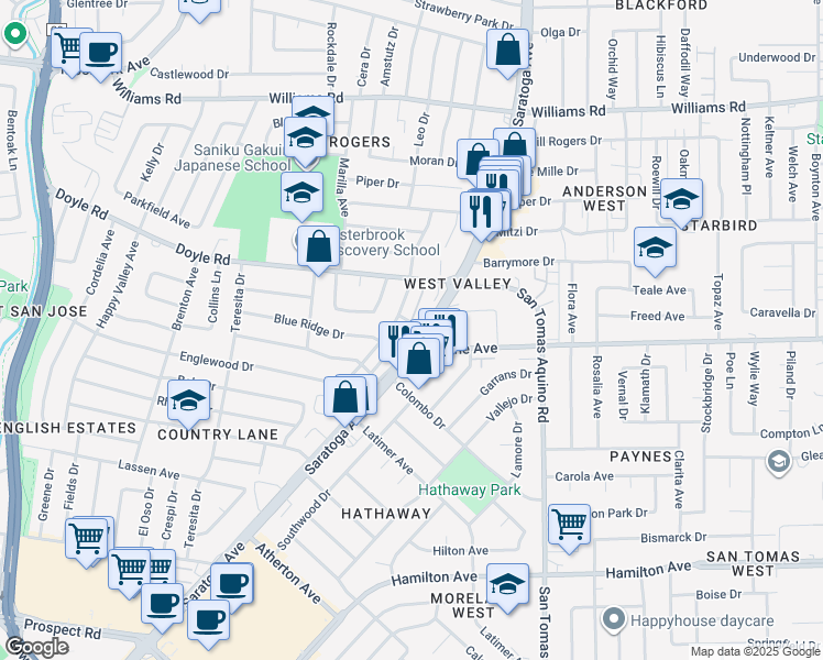 map of restaurants, bars, coffee shops, grocery stores, and more near 1281 Saratoga Avenue in San Jose