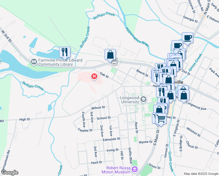 map of restaurants, bars, coffee shops, grocery stores, and more near 702 High Street in Farmville