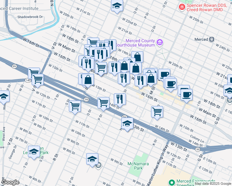 map of restaurants, bars, coffee shops, grocery stores, and more near 863 West 15th Street in Merced