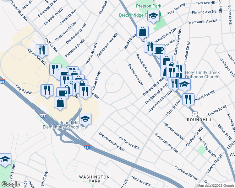 map of restaurants, bars, coffee shops, grocery stores, and more near 2529 Maycrest Street Northwest in Roanoke