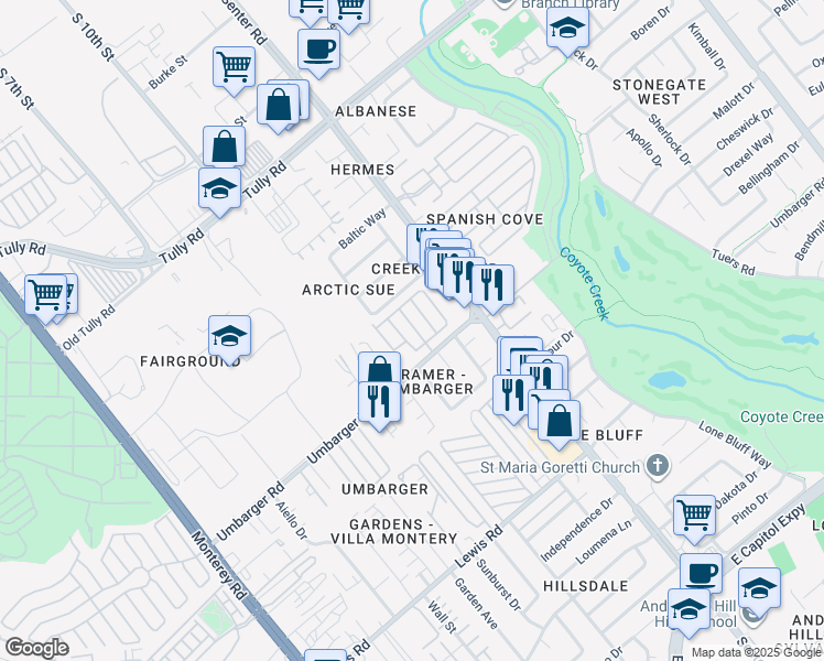map of restaurants, bars, coffee shops, grocery stores, and more near 555 Umbarger Road in San Jose