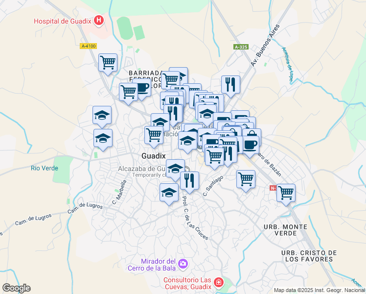 map of restaurants, bars, coffee shops, grocery stores, and more near 6 Calle San Miguel in Guadix